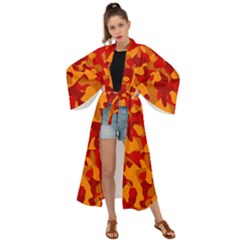 Red And Orange Camouflage Pattern Maxi Kimono by SpinnyChairDesigns