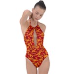 Red and Orange Camouflage Pattern Plunge Cut Halter Swimsuit