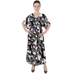 Black And White Camouflage Pattern V-neck Boho Style Maxi Dress by SpinnyChairDesigns