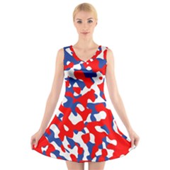 Red White Blue Camouflage Pattern V-neck Sleeveless Dress by SpinnyChairDesigns