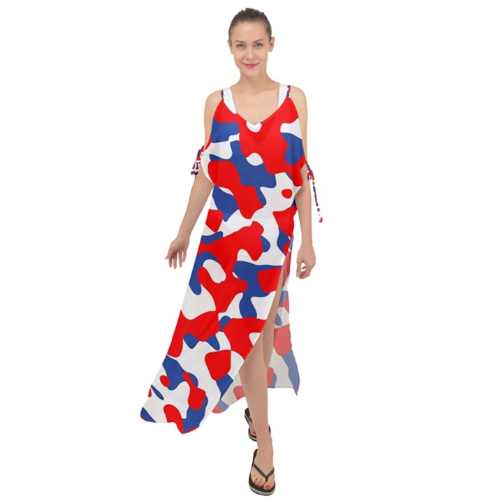 Red White Blue Camouflage Pattern Maxi Chiffon Cover Up Dress