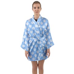 Cute Cat Faces White And Blue  Long Sleeve Satin Kimono by SpinnyChairDesigns