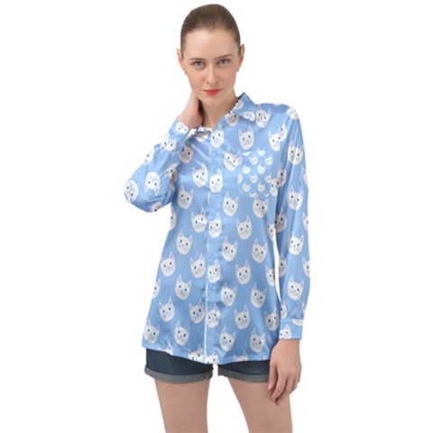 Cute Cat Faces White And Blue  Long Sleeve Satin Shirt by SpinnyChairDesigns