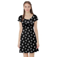 Cat Dog Animal Paw Prints Black And White Short Sleeve Skater Dress by SpinnyChairDesigns