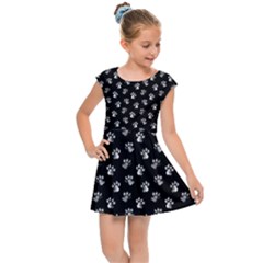Cat Dog Animal Paw Prints Black And White Kids  Cap Sleeve Dress by SpinnyChairDesigns