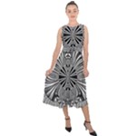 Abstract Art Black and White Floral Intricate Pattern Midi Tie-Back Chiffon Dress