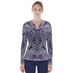 Abstract Art Black and White Floral Intricate Pattern V-Neck Long Sleeve Top