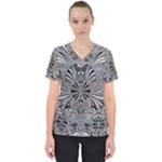Abstract Art Black and White Floral Intricate Pattern Women s V-Neck Scrub Top