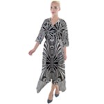 Abstract Art Black and White Floral Intricate Pattern Quarter Sleeve Wrap Front Maxi Dress