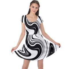 Black And White Swirl Spiral Swoosh Pattern Cap Sleeve Dress by SpinnyChairDesigns