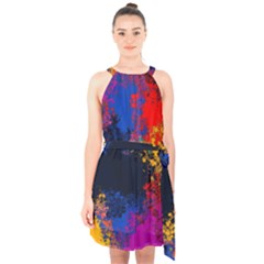Colorful Paint Splatter Texture Red Black Yellow Blue Halter Collar Waist Tie Chiffon Dress by SpinnyChairDesigns