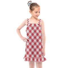 Picnic Gingham Red White Checkered Plaid Pattern Kids  Overall Dress by SpinnyChairDesigns