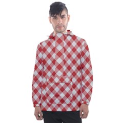 Picnic Gingham Red White Checkered Plaid Pattern Men s Front Pocket Pullover Windbreaker by SpinnyChairDesigns
