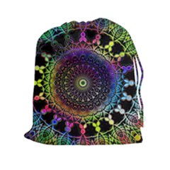 Colorful Rainbow Colored Arabesque Mandala Kaleidoscope  Drawstring Pouch (2xl) by SpinnyChairDesigns