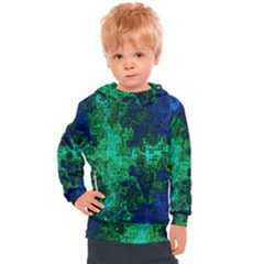 Abstract Green And Blue Techno Pattern Kids  Hooded Pullover by SpinnyChairDesigns