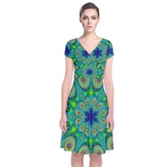 Peacock Mandala Kaleidoscope Arabesque Pattern Short Sleeve Front Wrap Dress by SpinnyChairDesigns