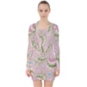 Pastel Pink Abstract Floral Print Pattern V-neck Bodycon Long Sleeve Dress View1