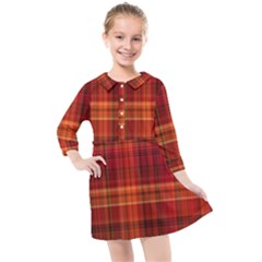 Red Brown Orange Plaid Pattern Kids  Quarter Sleeve Shirt Dress by SpinnyChairDesigns
