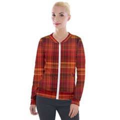 Red Brown Orange Plaid Pattern Velour Zip Up Jacket