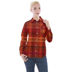 Red Brown Orange Plaid Pattern Women s Long Sleeve Pocket Shirt