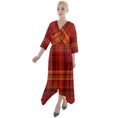 Red Brown Orange Plaid Pattern Quarter Sleeve Wrap Front Maxi Dress by SpinnyChairDesigns