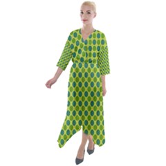 Green Polka Dots Spots Pattern Quarter Sleeve Wrap Front Maxi Dress by SpinnyChairDesigns