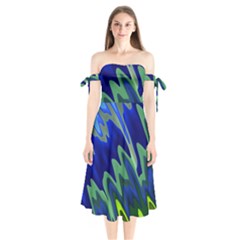 Blue Green Zig Zag Waves Pattern Shoulder Tie Bardot Midi Dress by SpinnyChairDesigns