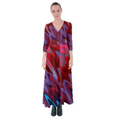 Red Blue Zig Zag Waves Pattern Button Up Maxi Dress by SpinnyChairDesigns