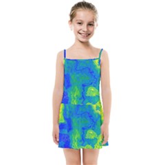 Neon Green Blue Grunge Texture Pattern Kids  Summer Sun Dress by SpinnyChairDesigns