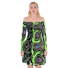 Green And Black Abstract Pattern Off Shoulder Skater Dress by SpinnyChairDesigns