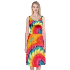 Colorful Dark Tie Dye Pattern Midi Sleeveless Dress by SpinnyChairDesigns