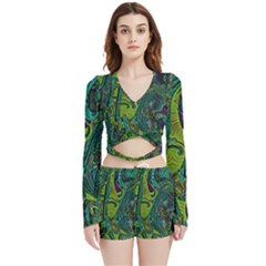 Jungle Print Green Abstract Pattern Velvet Wrap Crop Top by SpinnyChairDesigns