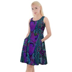 Purple Teal Abstract Jungle Print Pattern Knee Length Skater Dress With Pockets by SpinnyChairDesigns