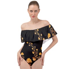 Abstract Gold Yellow Roses On Black Off Shoulder Velour Bodysuit  by SpinnyChairDesigns