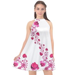 Abstract Pink Roses On White Halter Neckline Chiffon Dress  by SpinnyChairDesigns