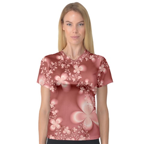 Tea Rose Colored Floral Pattern V-neck Sport Mesh Tee by SpinnyChairDesigns