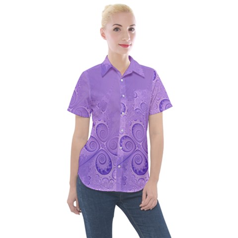 Purple Intricate Swirls Pattern Women s Short Sleeve Pocket Shirt by SpinnyChairDesigns
