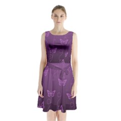 Purple Butterflies Pattern Sleeveless Waist Tie Chiffon Dress by SpinnyChairDesigns