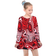 Black Red White Abstract Stripes Kids  Long Sleeve Dress by SpinnyChairDesigns