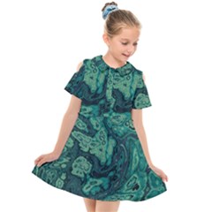 Dark Green Marbled Texture Kids  Short Sleeve Shirt Dress by SpinnyChairDesigns