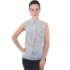 White Abstract Paisley Pattern Mock Neck Chiffon Sleeveless Top by SpinnyChairDesigns