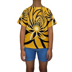 Black Yellow Abstract Floral Pattern Kids  Short Sleeve Swimwear by SpinnyChairDesigns