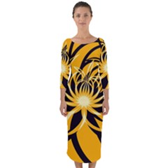 Black Yellow Abstract Floral Pattern Quarter Sleeve Midi Bodycon Dress by SpinnyChairDesigns