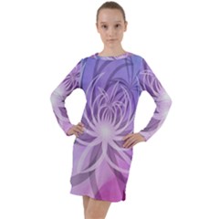 Watercolor Blue Purple Floral Pattern Long Sleeve Hoodie Dress by SpinnyChairDesigns