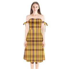 Madras Plaid Yellow Gold Shoulder Tie Bardot Midi Dress by SpinnyChairDesigns