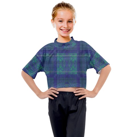 Blue Green Faded Plaid Kids Mock Neck Tee by SpinnyChairDesigns