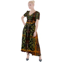 Vintage Red Gold Green Button Up Short Sleeve Maxi Dress by SpinnyChairDesigns