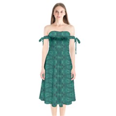 Teal Ikat Pattern Shoulder Tie Bardot Midi Dress by SpinnyChairDesigns