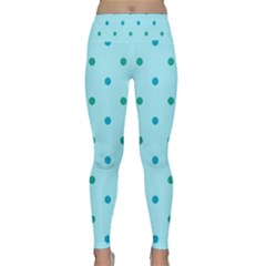 Blue Teal Green Polka Dots Lightweight Velour Classic Yoga Leggings by SpinnyChairDesigns