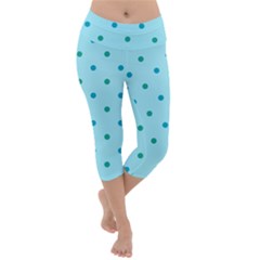 Blue Teal Green Polka Dots Lightweight Velour Capri Yoga Leggings by SpinnyChairDesigns